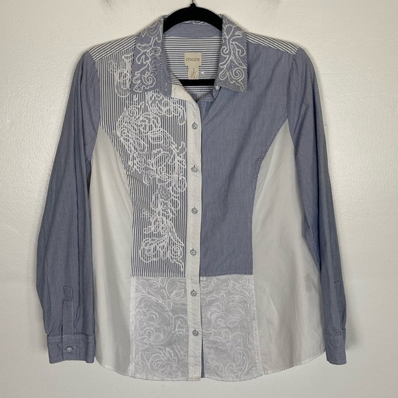 Chico’s Embroidered Patchwork Shirt Size 1 US M Button Down Long Sleeve Cotton - Picture 1 of 9
